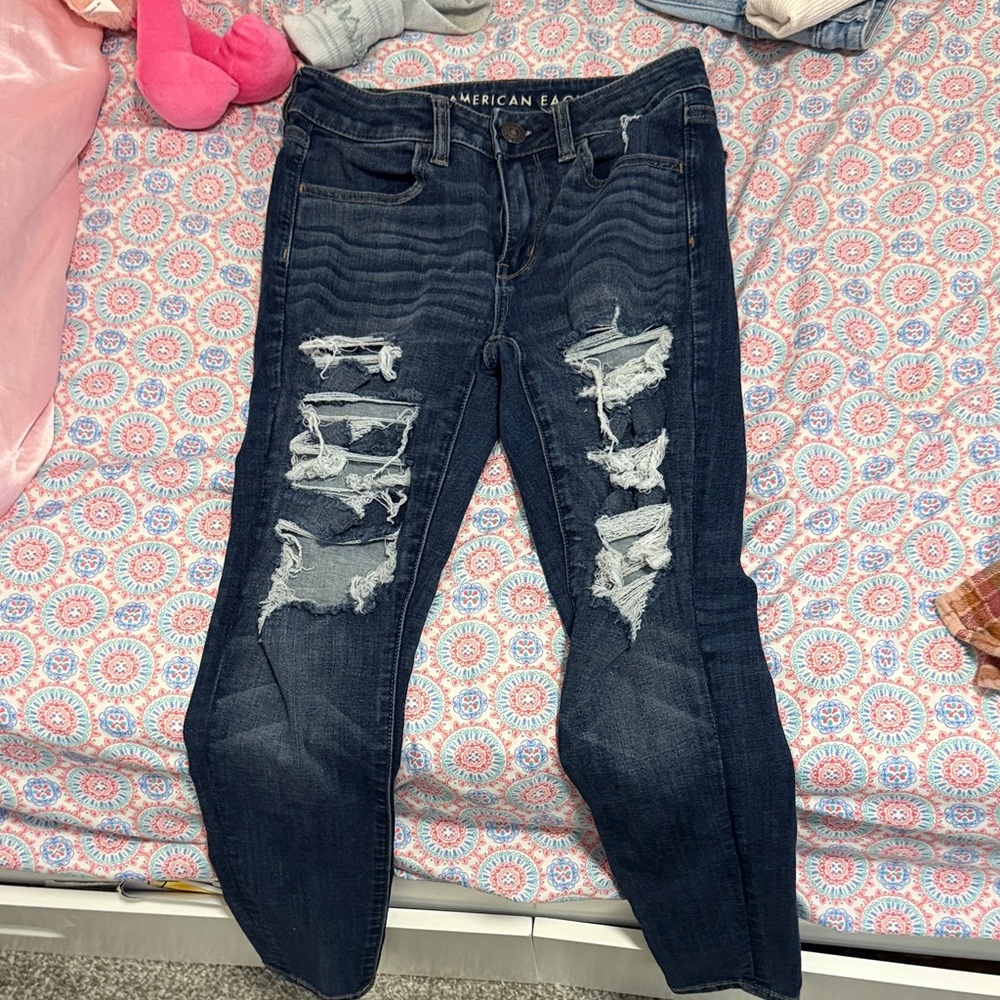 American Eagle Outfitters Women's Dark Blue Distressed Skinny Jeans